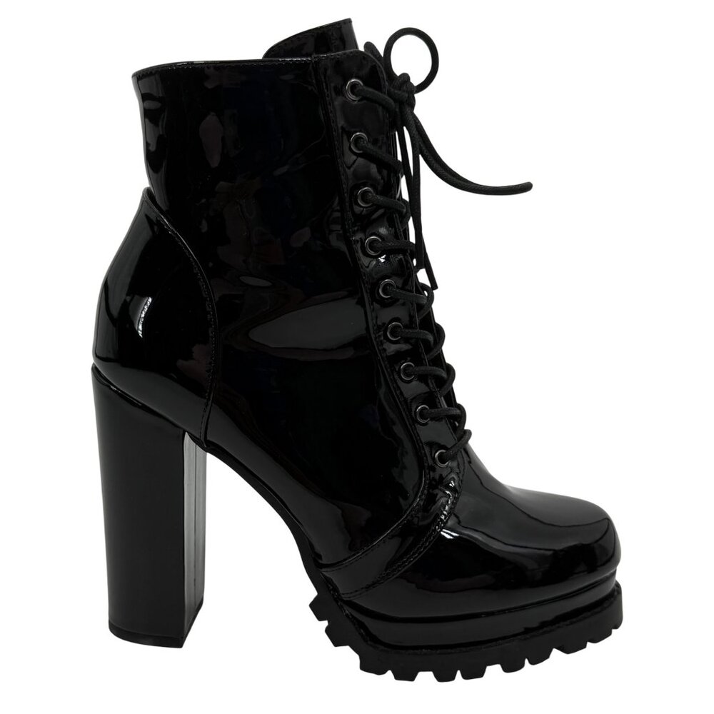 Black Faux Patent Leather Lug Sole Platform Heel Boots 10 | Baddie Dark Romance - Picture 8 of 16